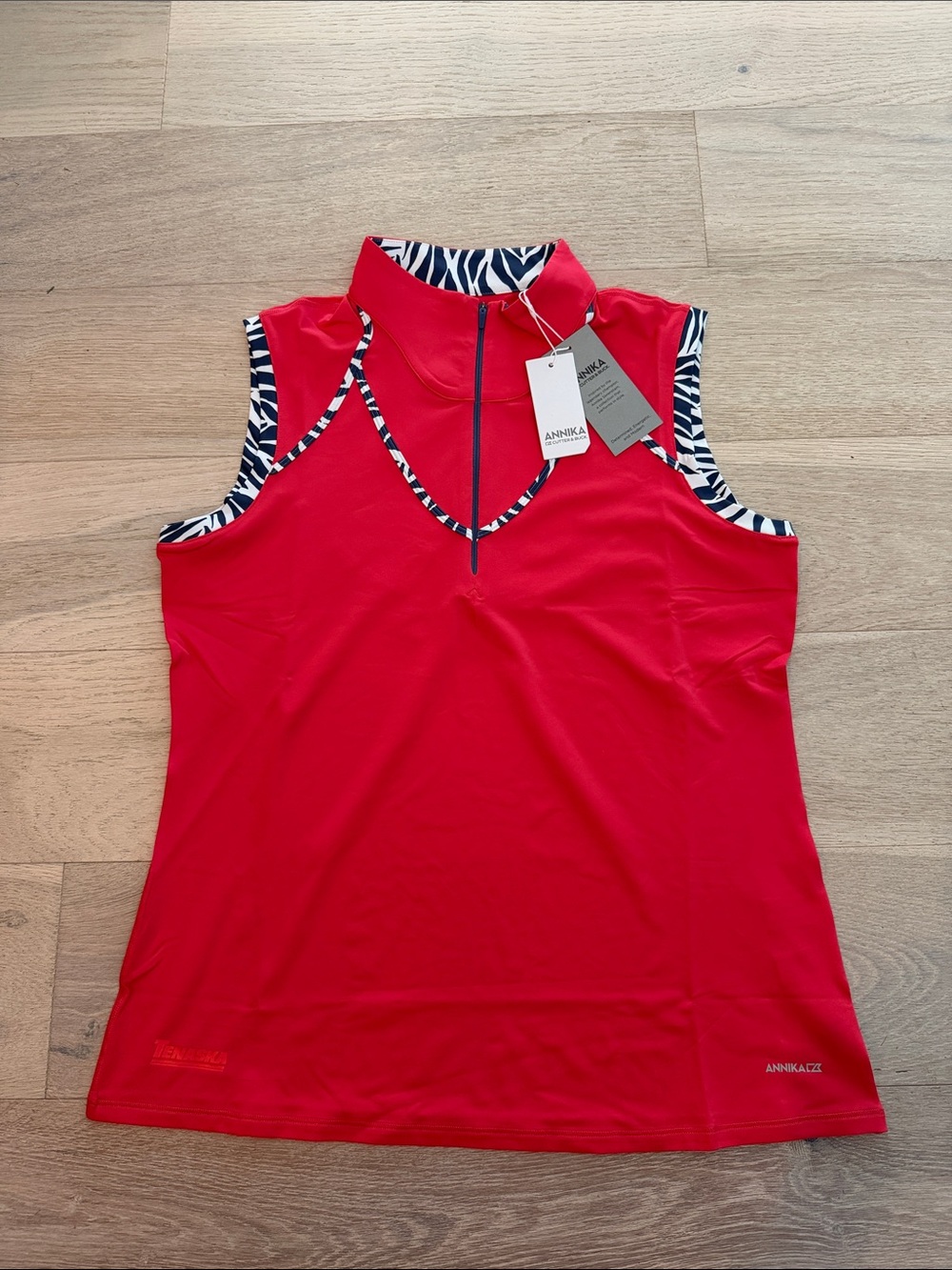 Cutter & Buck Red Sleeveless Zip Golf Tank with Navy Zebra Trim
